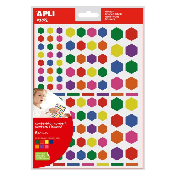 Apli Adesivi esagonali rimovibili - 3 misure assortite - 624 adesivi per sacchetto - Sviluppo di abilità e creatività - Colori: verde, giallo, viola, rosso, arancione, rosa e blu