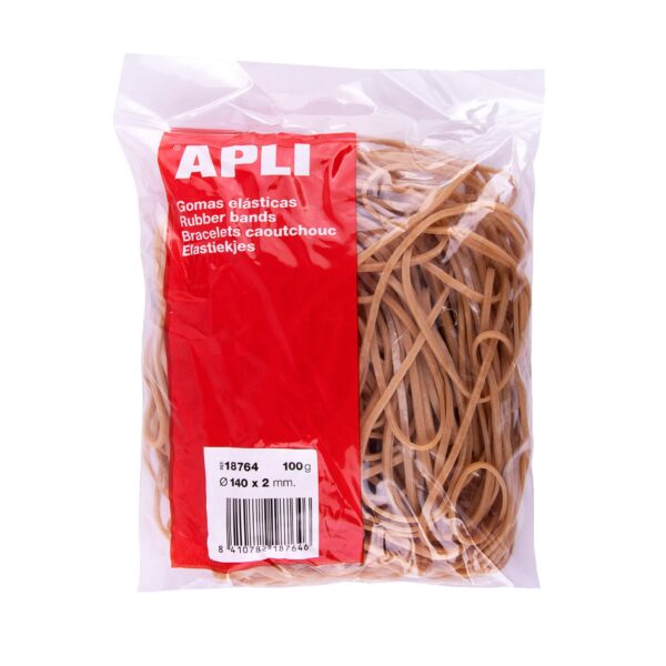 Apli Elastici Ø 140x2mm - Sacchetto con Cerniera ed Euroforo - Contenuto 100g - 70% Gomma Naturale - Grande Elasticità e Ottima Resistenza