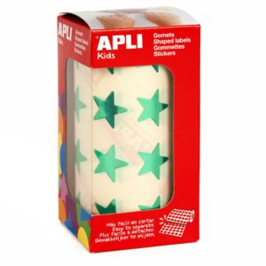 Apli Gomets Metallic Green Star - Misura 19,5 mm - 1416 Gomet per Rotolo - Adesivo Permanente - Ideale per Scuole e Laboratori per Bambini - Conforme agli Standard di Qualità e Sicurezza