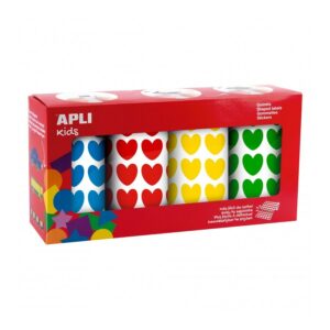 Apli Kids Confezione da 4 Rotoli Adesivi Cuore - 7.080 Adesivi in ??Totale - Adesivo a Base Acqua - Senza Solventi - Materiali 100% Riciclabili - Colori Rosso, Giallo, Blu e Verde