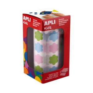 Apli Kids Rotolo da 900 Stickers a Forma di Fiore - Adesivo a Base Acqua - Senza Solventi - Materiali 100% Riciclabili - Colori Blu, Verde e Rosa Pastello