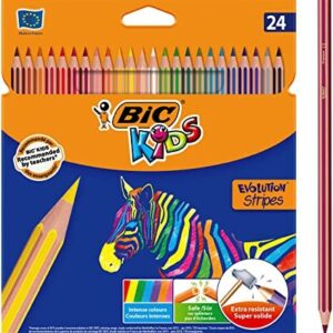 Bic Kids Evolution StripesConfezione da 24 matite in colori assortiti - Realizzata in resina - Punta ultra resistente - Piombo pigmentato da 3,20 mm