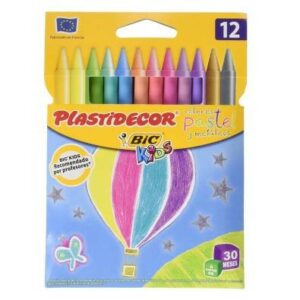 Bic Kids Plastidecor Scatola da 12 matite a cera - Colori pastello e metallizzati - Extra resistente - Facile da temperare - Non macchia