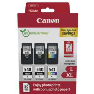 Canon PG-540L/CL-541XL Confezione multipla da 3 cartucce d'inchiostro originali + 50 fogli di carta fotografica - 5224B015