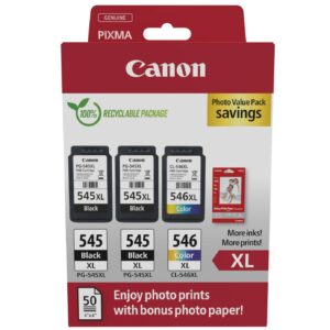 Canon PG-545XL/CL-546XL Confezione multipla da 3 cartucce d'inchiostro originali + 50 fogli di carta fotografica - 8286B015