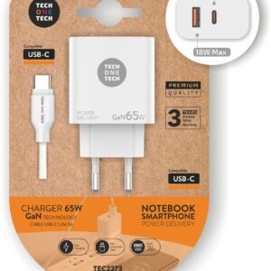 Caricabatterie da muro TechOneTech GaN PD 3.0 65W - Per laptop e smartphone - Cavo da USB-C a USB-C da 1 m