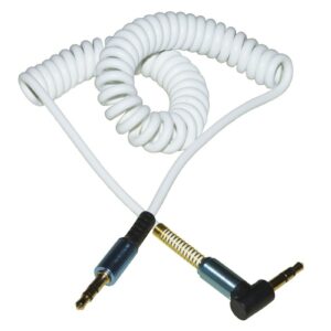 *Cavo Audio Jack 3,5 Mm Maschio/Maschio A Spirale Mt 1,80 Colore Bianco Con 1 Connettore 90° E Molla Di Protezione