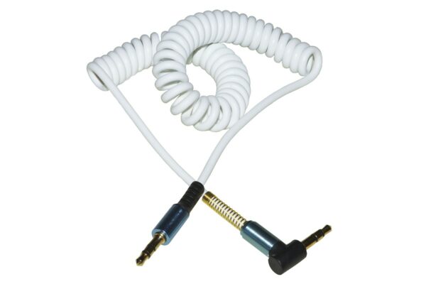 *Cavo Audio Jack 3,5 Mm Maschio/Maschio A Spirale Mt 1,80 Colore Bianco Con 1 Connettore 90° E Molla Di Protezione