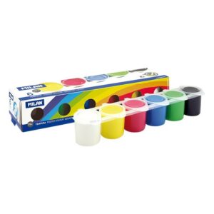 Milan Confezione da 6 Barattoli Tempere 25ml + 1 Pennello Serie 101 - Asciugatura Rapida - Miscelabili - Colori Assortiti