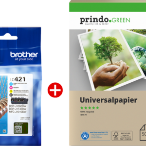 ORIGINALE Brother Value Pack nero / ciano / magenta / giallo LC421 MCVP +  Carta riciclabile Prindo Green 500 fogli