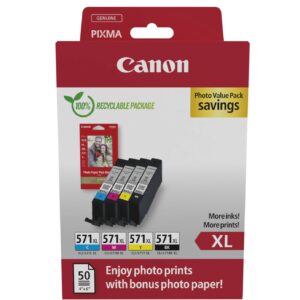 ORIGINALE Canon Value Pack nero / ciano / magenta / giallo CLI-571 XL + 10x15 cm Fotopapier 50 fogli