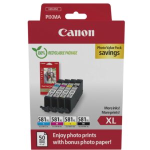 ORIGINALE Canon Value Pack nero / ciano / magenta / giallo CLI-581 XL + 10x15 cm carta fotografica Plus II 50 fogli 4623 pagine