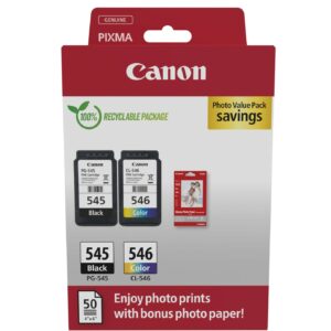 ORIGINALE Canon Value Pack nero / differenti colori / Bianco PG-545 + CL-546 + 10x15 cm Fotopapier 50 fogli 360 pagine