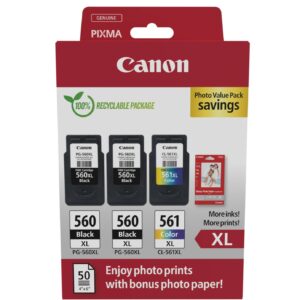 ORIGINALE Canon Value Pack nero / ciano / magenta / giallo PG-560XL+CL-561XL + Fotopapier 700 pagine 14,3ml Confezione multipla con cartucce di inchiostro nero PG-560XL e a colori CL-561XL + carta fotografica