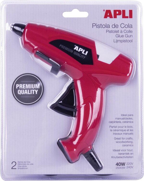 Pistola per colla a caldo Apli da 40 W per barre Ø11 mm - Include 2 barre di colla Ø11 mm x 10 cm - Colore rosso