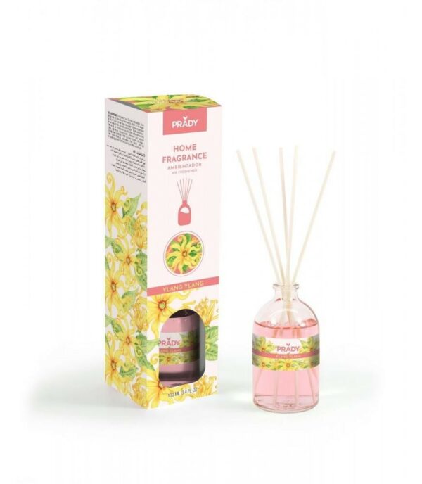 Prady Mikado Ylang Ylang Deodorante per ambienti - Bottiglia di vetro da 100 ml e bacchette diffusore