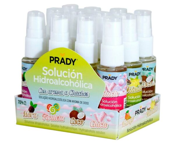 Spray Igienizzante Idroalcolico Prady 30ml - 6 Aromi Caramella - Alcool 70% - Display 12 unità