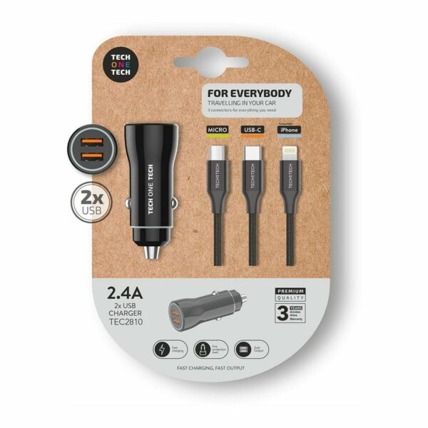 TechOneTech Caricabatteria da Auto 2x USB-A + Cavo MicroUSB 3 in 1, Lightning e USB-C - Nero