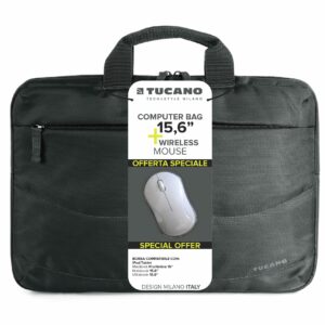 Tucano Borsa + Mouse Wireless (Borsa Slim Per Notebook Da 15,6", Tracolla Colore Nero + Mouse Wireless Colore Bianco)