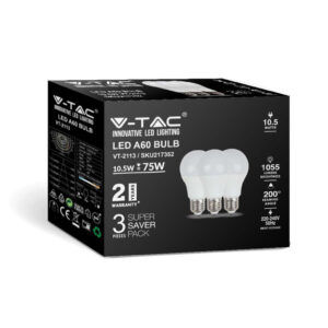 10.5W A60 LED Plastic Bulb 3000K E27 3Pc/Pack