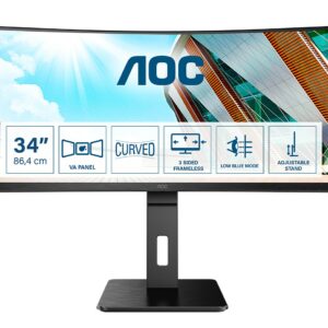 Aoc Monitor Curvo 34 Led Va 21:9 Qhd 1Ms 300 Cdm, Hdmi/Dp, Multimediale