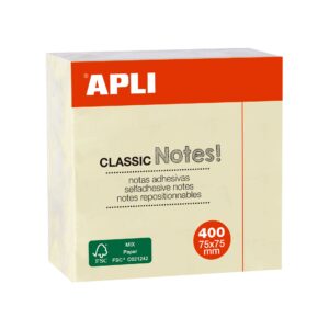 Apli Classic Sticky Notes 75x75mm - Cubo da 400 fogli - Adesivo di qualità - Facile da staccare - Giallo