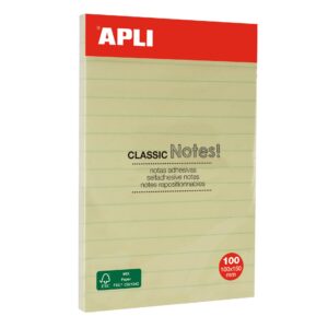 Apli Classic Sticky Notes con righe 100x150mm - Blocco da 100 fogli - Adesivo di alta qualità - Facile da staccare - Giallo