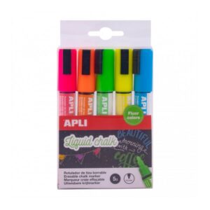 Apli Confezione da 5 Pennarelli a Gesso Liquido Punta Tonda - Punta 5,5 mm - Asciugatura Rapida - Colori Assortiti