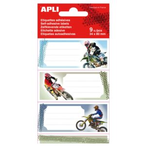 Apli Etichette Adesive Scuola Moto - Dimensione 81x36mm - 9 Etichette (3 per Disegno) - Adesivo Permanente di Alta Qualità - Colore Bianco