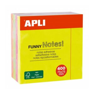 Apli Funny Cubo da 400 Note Adesive 75 x 75 mm - Colori Assortiti Fluo