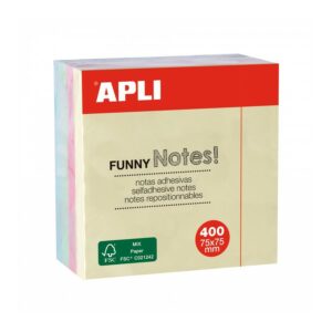 Apli Funny Cubo da 400 Sticky Notes 75 x 75 mm - Colori Pastello Assortiti