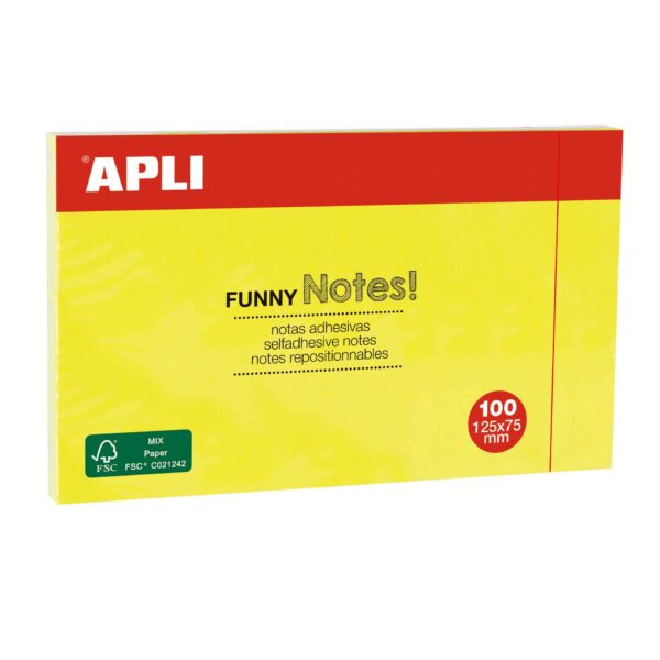 Apli Funny Sticky Notes 125x75mm - Blocco da 100 fogli - Disegni divertenti - Adesivo di qualità - Giallo fluorescente