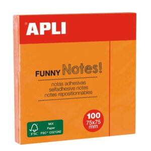 Apli Funny Sticky Notes 75x75mm - Blocco da 100 Fogli - Adesivo di Qualità - Colore Arancio Fluo