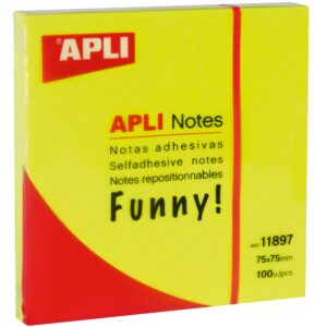 Apli Funny Sticky Notes 75x75mm - Blocco da 100 fogli - Adesivo di qualità - Facile da staccare - Colore giallo fluorescente