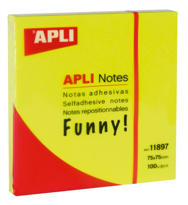 Apli Funny Sticky Notes 75x75mm - Blocco da 100 fogli - Adesivo di qualità - Facile da staccare - Colore giallo fluorescente