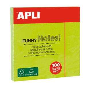 Apli Funny Sticky Notes 75x75mm - Blocco da 100 fogli - Adesivo di qualità - Facile da staccare - Colore verde fluorescente