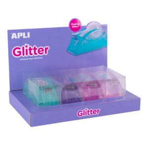 Apli Glitter Collection Espositore Portarotolo Nastro Adesivo - 19x33mm - 4 Portarotoli in Metacrilato Glitter - Lama Seghettata - Dispenser Stabile e Pesante - Ideale per Casa, Ufficio e Scuola