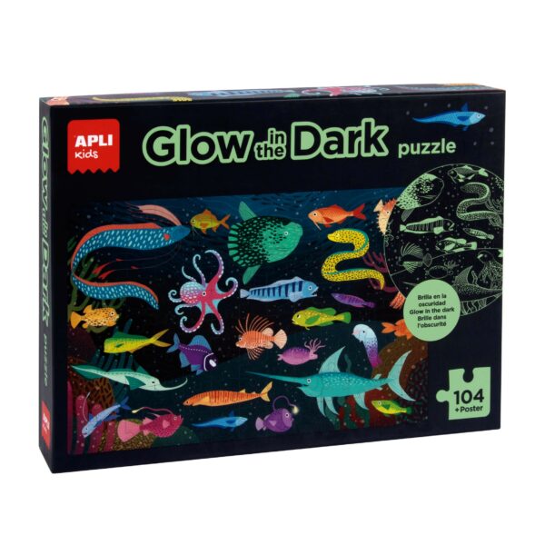 Apli Kids Puzzle Fluorescente Glow In The Dark Tema Oceano - 104 Pezzi 5x5 cm - Dimensioni 64,5x41,5 cm - Include Poster - Design Colorato e per Bambini - Cartone 2mm - Sviluppa Abilità - Colorato