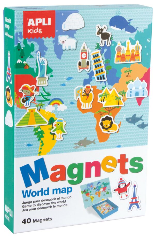 Apli Magnetic World Map Game - 1 Scenario Magnetizzato 36 x 38 cm - 40 Carte con Disegni di Monumenti e Animali