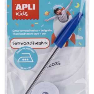 Apli Nastro Termoadesivo per Segnare Abiti - 10mmx2m - 70% Poliestere e 30% Cotone - Resistente a Lavatrice e Asciugatrice - Facile Utilizzo con Penna Inclusa - Colore Bianco