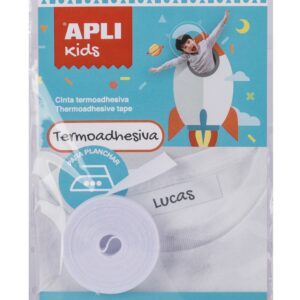 Apli Nastro Termoadesivo per Segnare Abiti - 10mmx3m - 70% Poliestere e 30% Cotone - Resistente a Lavatrice e Asciugatrice - Facile Utilizzo con una Comune Penna - Colore Bianco