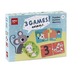 Apli Set di 3 Giochi Animali: 1 Puzzle da 24 Pezzi, 1 Domino da 36 Pezzi e 1 Memory da 24 Pezzi