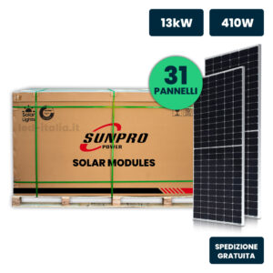 Bancale 13kW con 31 Moduli Fotovoltaici SUNPRO TIER-1 da 410W Classe 1, Monocristallini Silver Frame 1724x1134x35mm IP67/IP68 (SKU 11899)