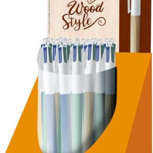 Bic 4 Colors Wood Style Espositore da 30 penne a sfera retrattili - Punta media da 1,0 mm - Inchiostro a base di olio - Design in legno - 4 colori