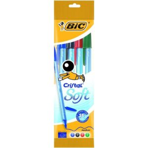 Bic Cristal Soft Confezione da 4 penne a sfera - Punta media 1,2 mm - Linea 0,45 mm - Scrittura più liscia - Colori assortiti