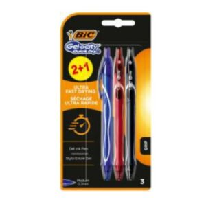 Bic Gel-Ocity Quick Dry 2+1 Confezione da 3 Penne a Sfera Retrattili - Impugnatura in Gomma - Punta Media 0,7 mm - Asciugatura Ultra rapida - Non macchia la carta - Colori Assortiti