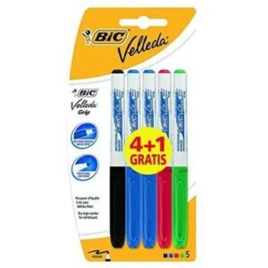 Bic Velleda Grip 4+1 Confezione da 5 pennarelli per lavagna bianca - Grip Zone - Punta media - Linea da 1,2 mm - Cancellazione ottimale - Colori assortiti