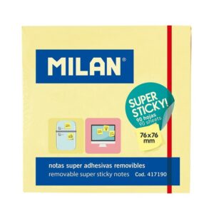 Blocco Milan da 90 foglietti super adesivi - Rimovibili - Maggiore permanenza - 76 mm x 76 mm - Colore giallo chiaro