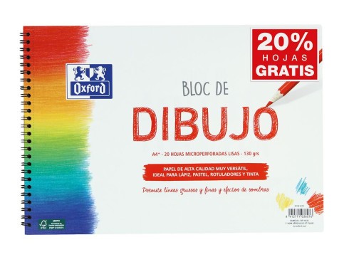 Blocco da Disegno Oxford Spiral School Formato A4+ Liscio - 20 Fogli Microforati 130gr Colore Naturale - Carta Superficie Ruvida