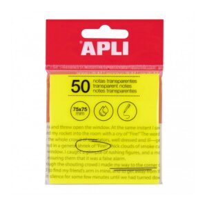 Blocco note adesive trasparenti Apli 50 fogli 75x75mm - Per annotare senza perdere la visibilità del testo o dell'immagine - Resistente all'acqua - Colore giallo